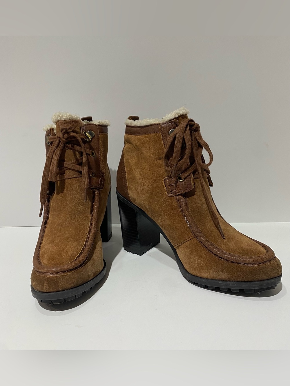 Sam Edelman Madge Brown Suede Lace-Up Ankle Boots, Faux Fur Lined, Size 8.5